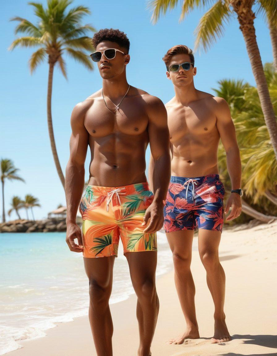 A vibrant beach scene showcasing diverse male models in stylish swimwear, each highlighting different top trends of summer swim fashion: bold patterns, classic solids, and sporty styles. The sun shines brightly, with palm trees swaying in the background, emphasizing a fun and relaxing summer vibe. Add accessories like sunglasses and hats for an extra touch of style. super-realistic. vibrant colors. beach setting.