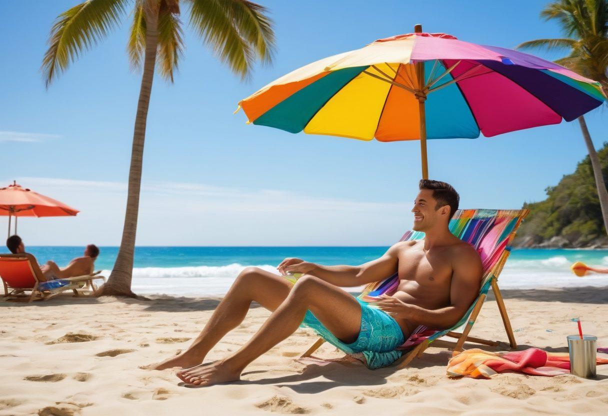 A dynamic beach scene showcasing a modern man wearing stylish swim trunks, basking in the sun with a colorful beach umbrella and tropical drink in hand. Include elements like surfboards, beach towels, and friends playing volleyball in the background. Capture the essence of summer fun with vibrant colors and a bright blue sky. tropical, vibrant colors, realistic.