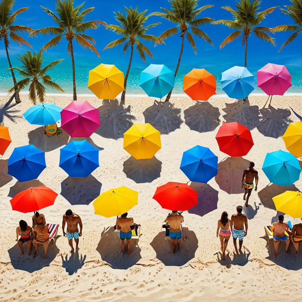 A vibrant beach scene showcasing diverse men confidently wearing stylish bikinis and swimwear, emphasizing current 2023 trends. Include elements like sun, palm trees, and colorful beach umbrellas, with a playful atmosphere. Capture a mix of patterns and colors, highlighting both bold and subtle styles. The mood should be fun and refreshing, inviting viewers to embrace summer. super-realistic. vibrant colors. sunny background.